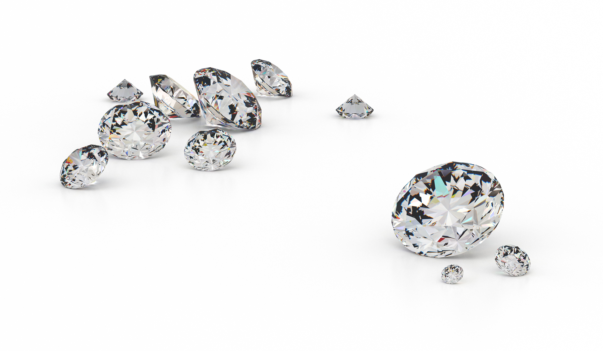 Mange diamanter både store og små der skinner på en hvid baggrund